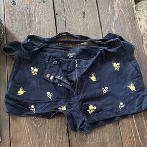 LOFT Linen Navy Shorts with Yellow Floral Accents